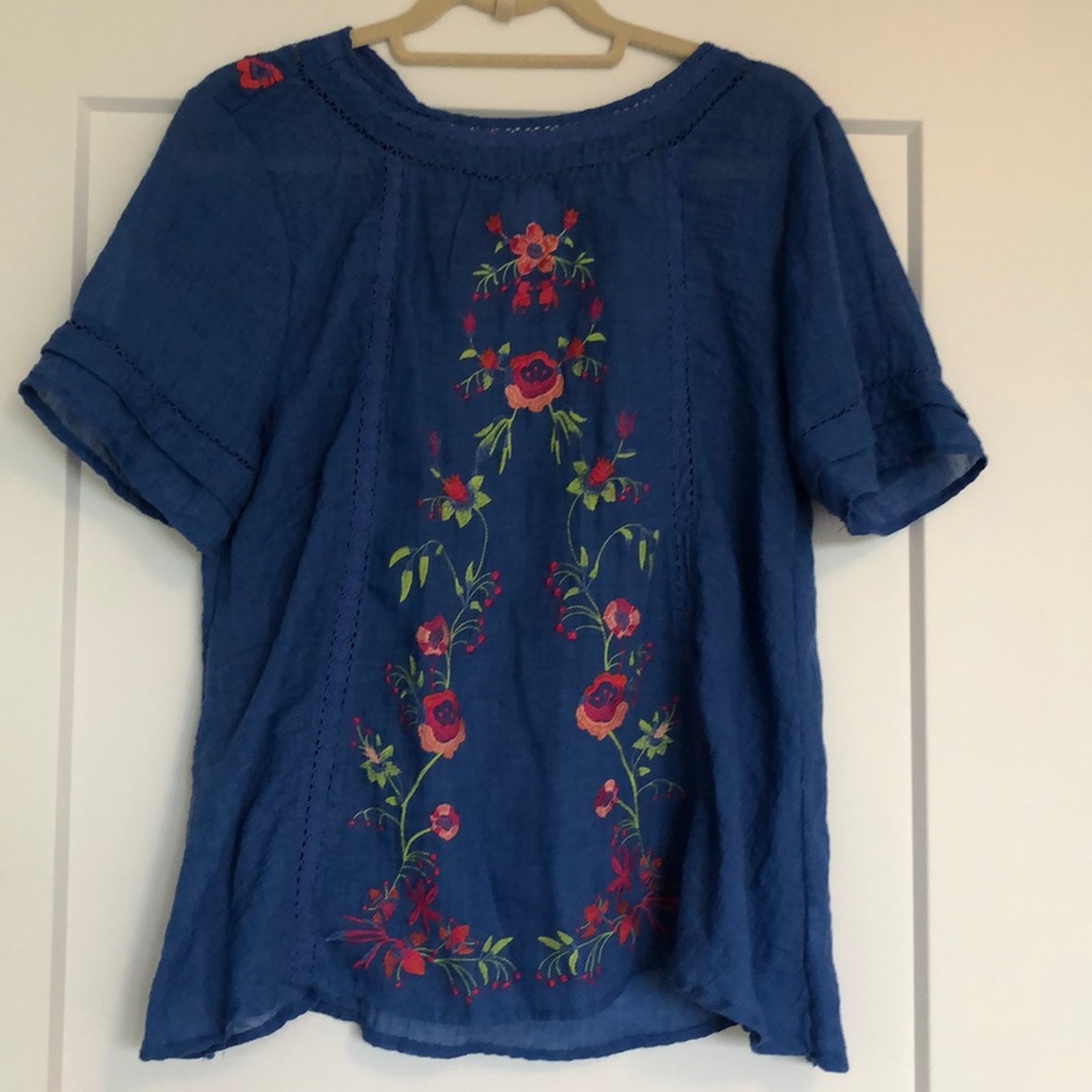 Bright blue floral blouse